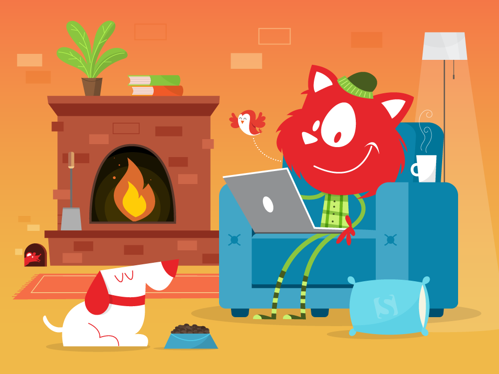 A Smashing Cat sitting comfortable in  a chair near a fireplace, with a cup of coffee, a dog nearby and a mouse in the back.