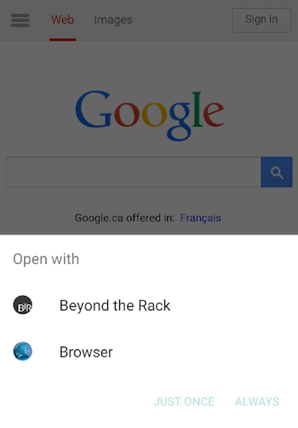 Android Intent for opening apps with a specific URL. In this case, www.beyondtherack.com.