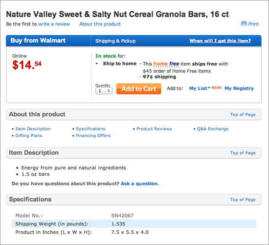 Product page for Walmart.com