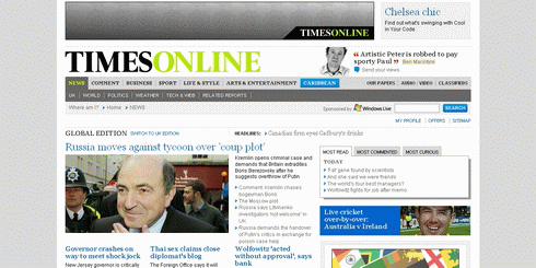 Screenshot of the Times Online homepage