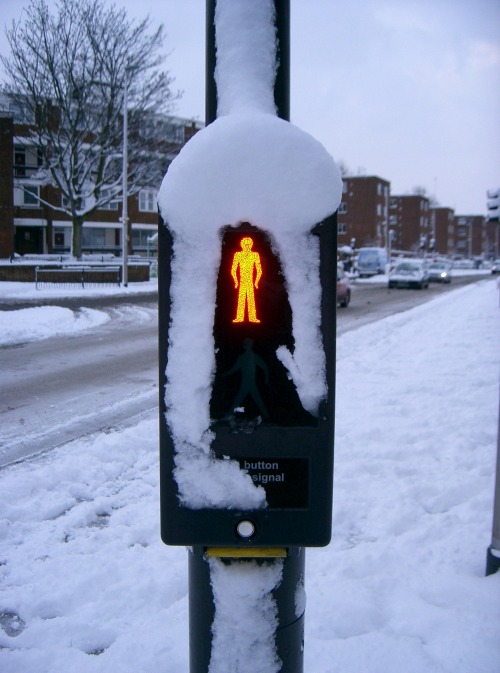 Wayfinding and Typographic Signs - snowy-pedestrian-light
