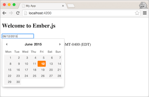 Browser showing the date-picker Pikaday rendered as an Ember component