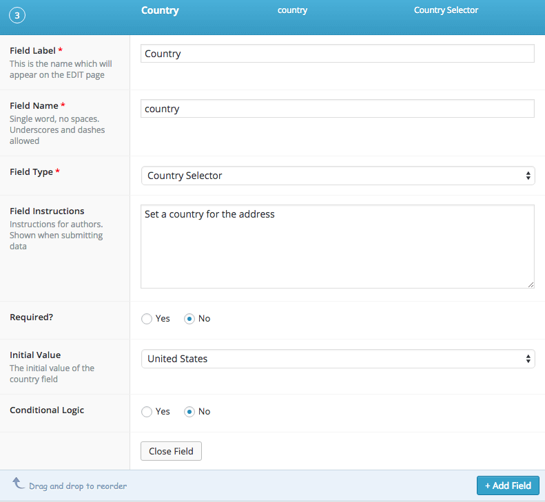 Our custom setting for the country field