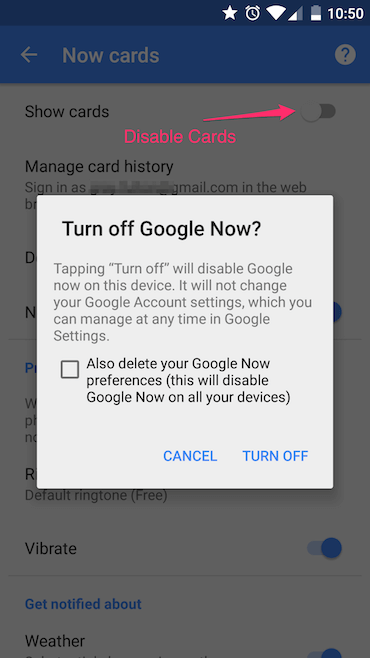 Disable cards in Google Now