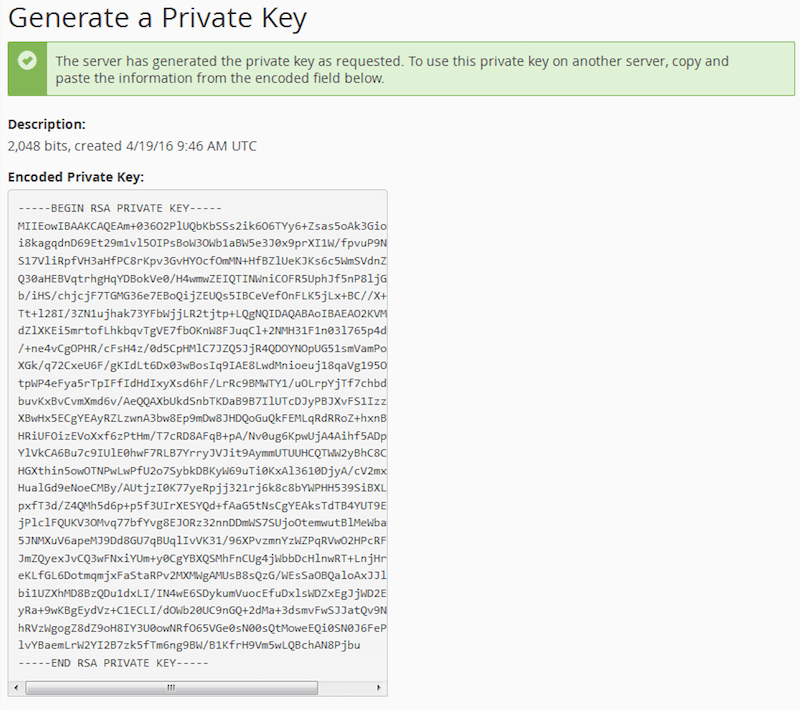 cPanel Private key confirmation