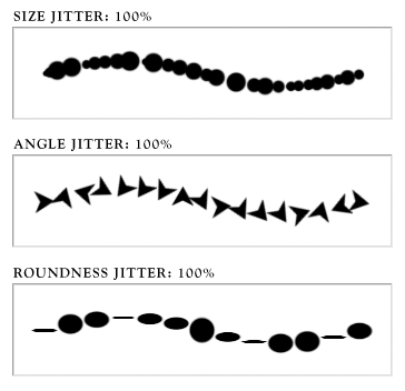 The Shape Dynamics' jitter controls can be used to add some randomness to the brush shape.