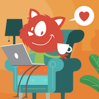 An illustration of Topple the Smashing Mascot cat networking while sitting in a comfortable couch with its laptop placed on its lap holding a cup of coffee or tea, who knows