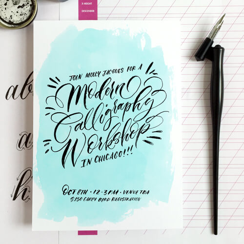 Join Molly Jacques for a Modern Calligraphy Workshop in Chicago! October 8th, 12-3pm, Venue TBA. $150 ealy bird registration. Add with hand lettering.