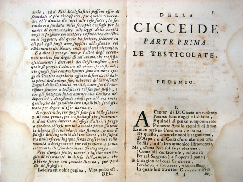 Spread of La Cicceide Legitima showing the extent of deterioration in the book.