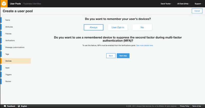 Step 7 in User Pool Creation
