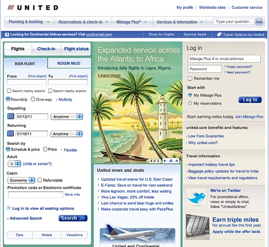 United Airlines website
