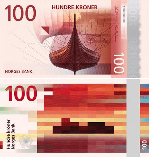 Norwegian 100 kroner bill front and back