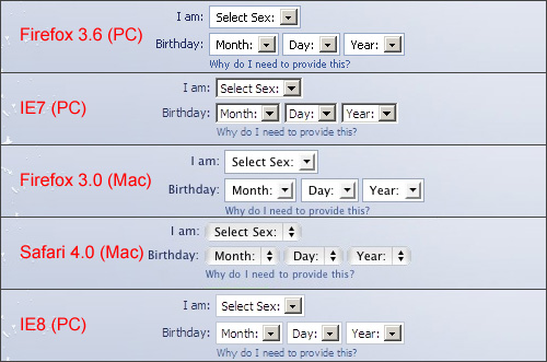 The Facebook sign-up form in different browsers