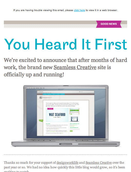 Screenshot of announcement of Seamless Creative site