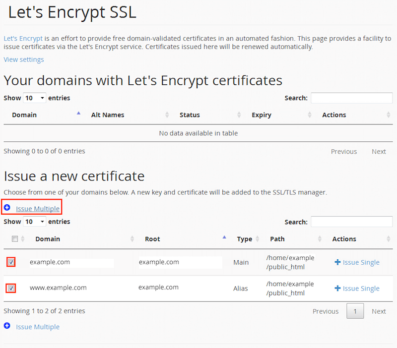 Check both domain names and click Issue Multiple