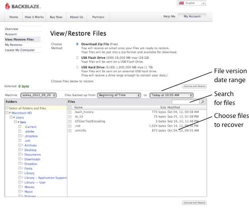 Recovering files on Backblaze's website