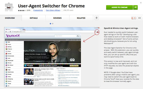 Mobile testing with the User Agent Switcher for Chrome.