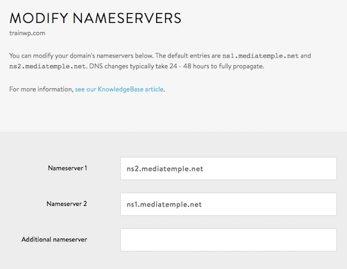 The nameserver modification form with Media Temple