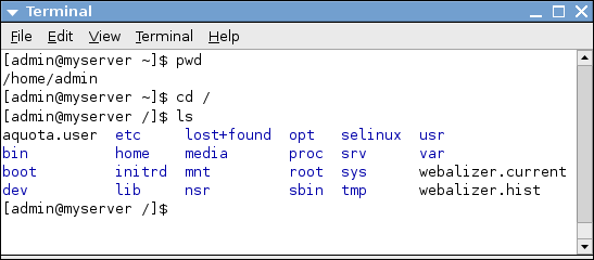 The pwd and ls commands