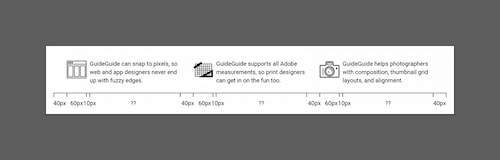 Image of an Illustrator document with a three column layout in which each column contains an icon and a paragraph. Below, a ruler measures the width of each element.