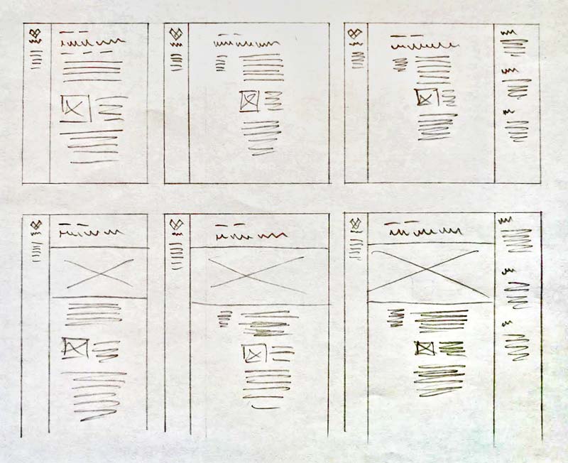 Hand-drawn sketch of a layout where the meta content changes position depending on the viewport width.