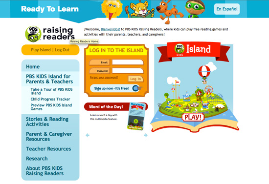 PBS Kids island provides options to view the page in Spanish or English