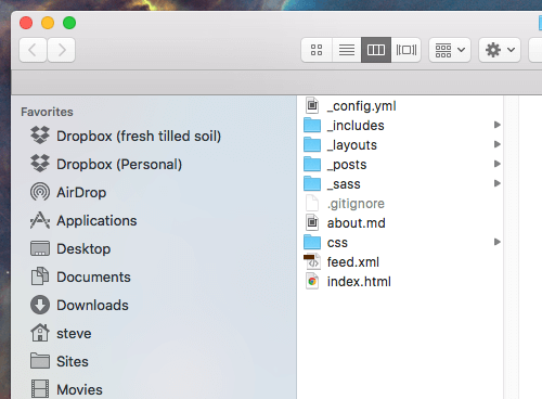 A Mac OS X Finder window showing the initial Jekyll file scaffold.