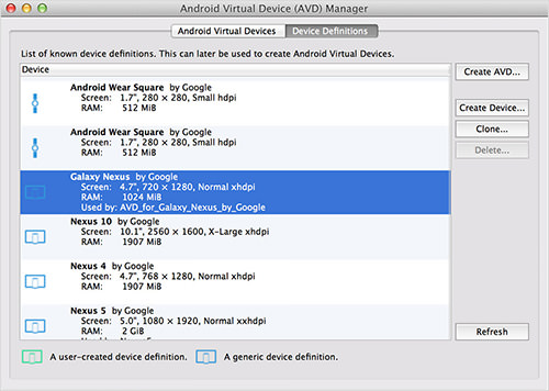 The Device Definitions tab provides preset AVDs. Use one of these or create your own.