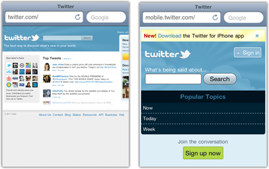 The full and mobile version of Twitter demonstrated on an iPhone