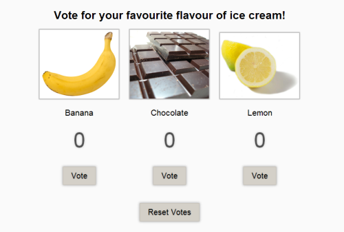 Screenshot of votes demo: banana, chocolate and lemon flavors offered as choices to vote for by pressing a button, plus the possibility to trigger a vote reset.
