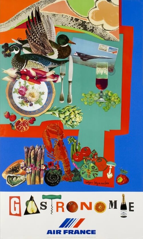 Roger Bezombes’ 1981 Air France poster is one in a 16-part series and marks Air France’s switch from promoting travel destinations to promoting concepts such as gastronomy or sophistication.