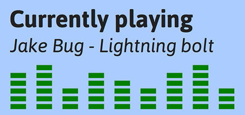 Box showing a graphic equalizer which reads currently playing, Jake bug lightning bolt