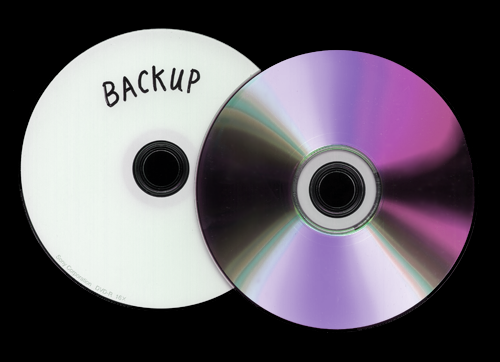 two CD disks overlap each other, the white at the back says BACKUP