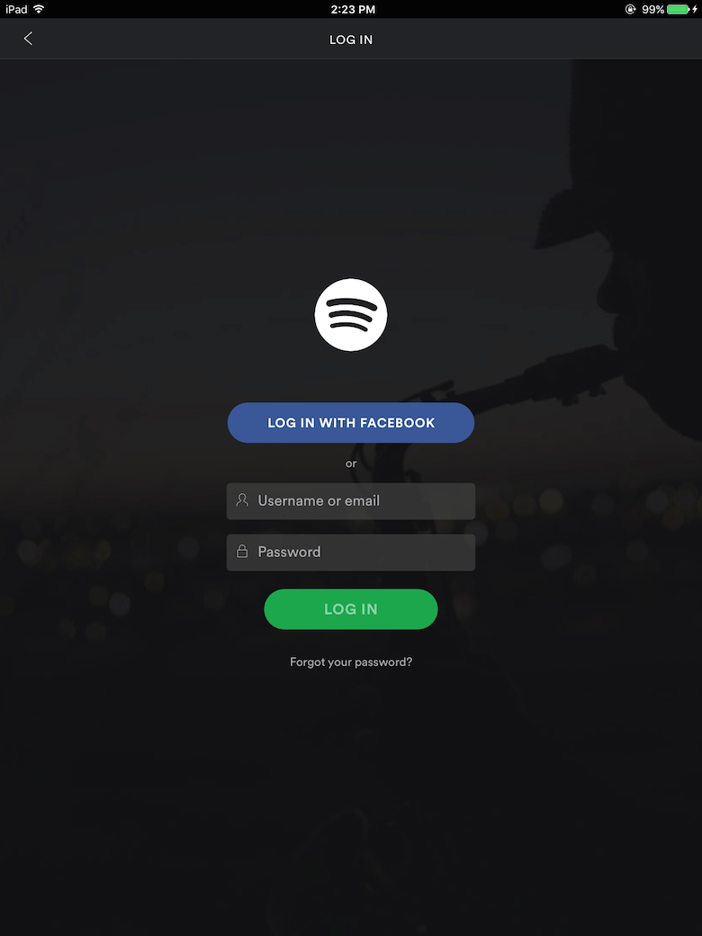 Spotify log-in screen with _Log in with Facebook_ option
