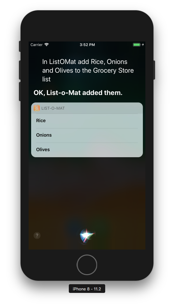 A screenshot of the simulator showing Siri adding items to the grocery store list