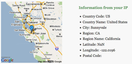 Getting the users geographical location using IP - in this case Sunnyvale, California