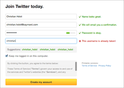 Twitter use Live Inline Validation at their sign-up page. Image credit: Twitter.com