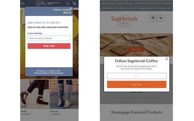 Interstitial examples on mobile landing pages