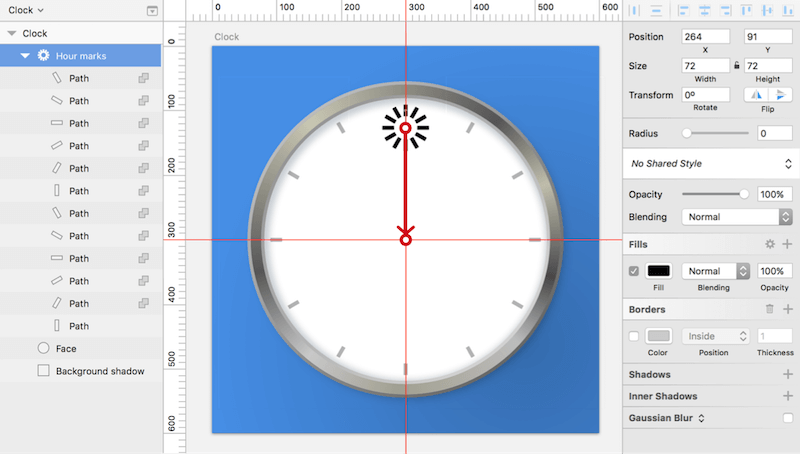 Create the rectangle for the twelfth hour, and add the remaining marks with the Rotate Copies function. Drag the indicator (red circle) to the intersection of the guides. 