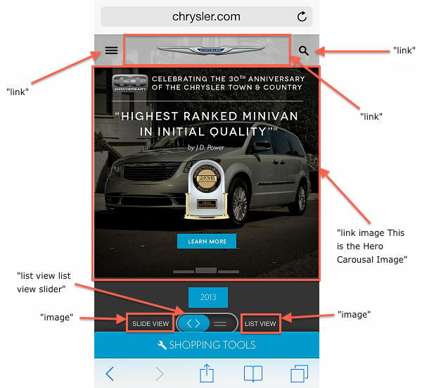 Visual display of m.chrysler.com's accessibility issues