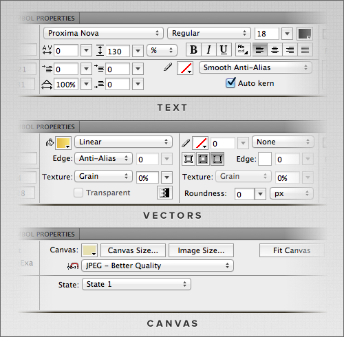 Object, text and canvas controls are all conveniently laid out in the Property Inspector panel