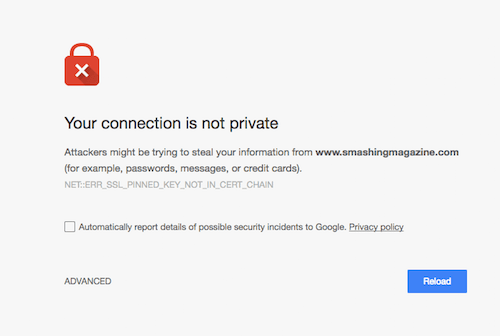 A security warning message stating that your connection is not private