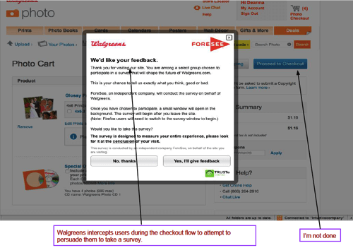 An example of an online intercept asking users to take a survey on Walgreens' website