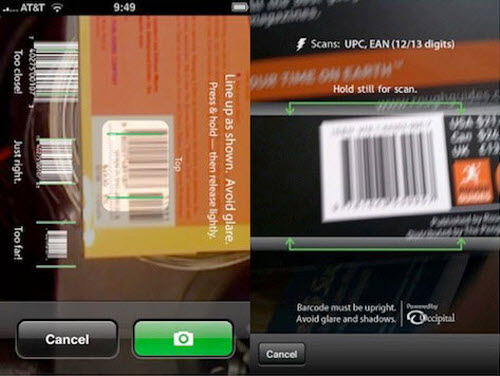 RedLaser’s scanning interface initially required users to take a picture of the barcode they were interested in (left). The app went viral when they changed the interface to match how a real barcode scanner works. Hover, beep, you’re done (right).