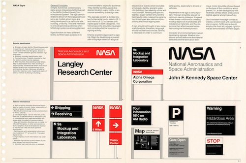 A page from the NASA Graphics Manual depicting layout of signs.