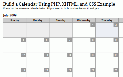 Build a Calendar Using PHP, XHTML, and CSS Example