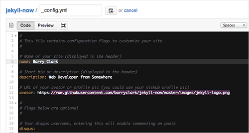 Editing your website’s _config.yml on GitHub.com 