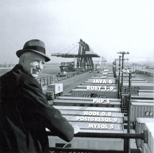 Malcolm McLean at railing, Port Newark, 1957, with runtimes neatly in containers