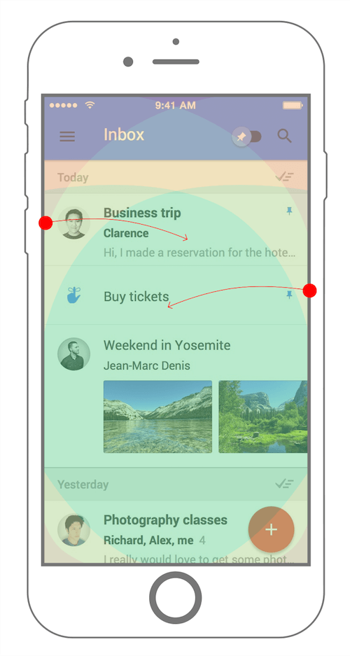 Google Inbox swipe areas