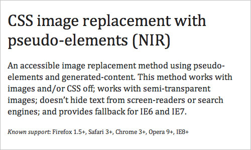 CSS image replacement with pseudo-elements (NIR)